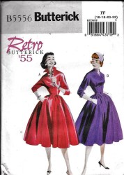 5556 BUTTERICK RETRO '55 LINED LONG FLARE COLLAR DRESS, BELT PATTERN 8-14